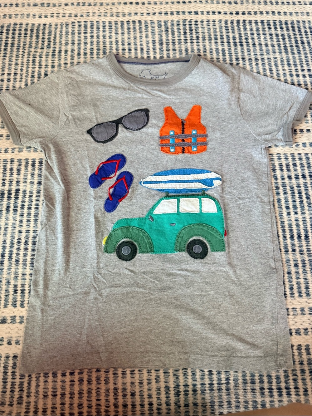 Mini Boden Gray Tee with Green Car, Orange Life Vest and Blue Flip-Flops